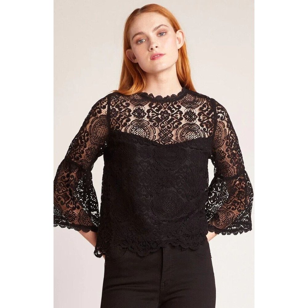 BB Dakota Womens Amazing Lace Top XS Black Slight Cropped BellSleeve Semi-Sheer